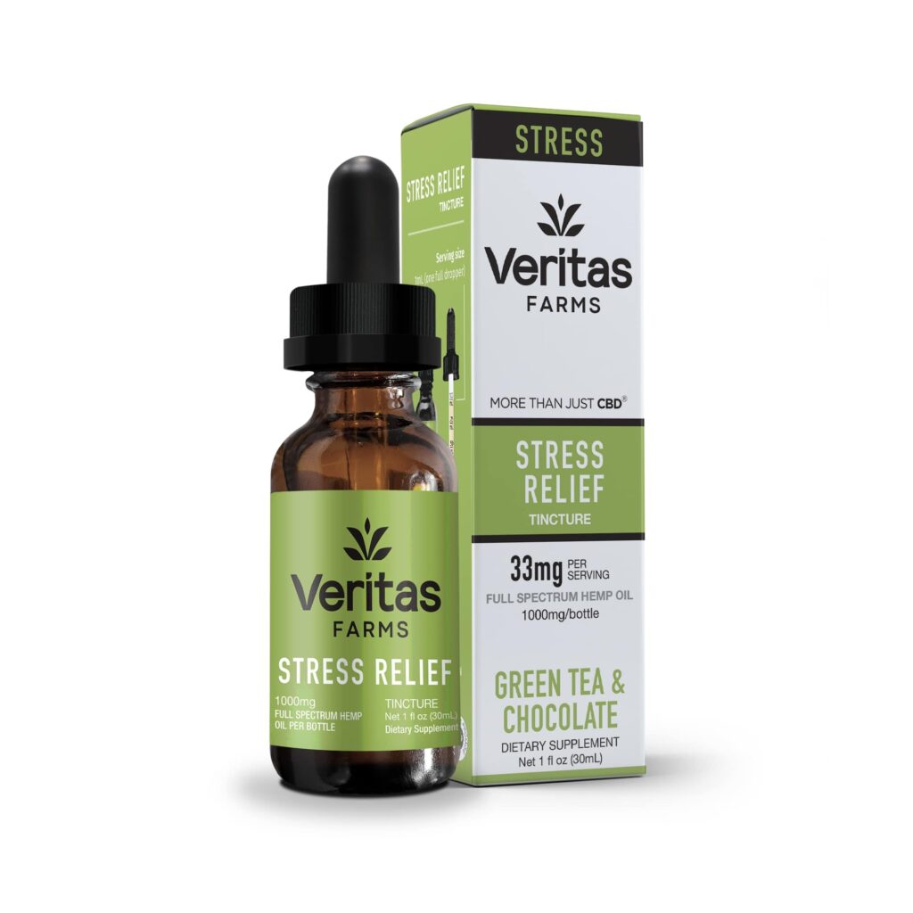 Stress relief drops bottle with CBD & L-theanine bottle and box front view