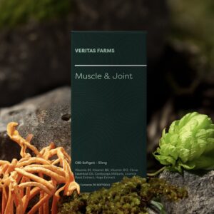 Muscle & Joint CBD Softgels on a rock next to greenery and mushrooms